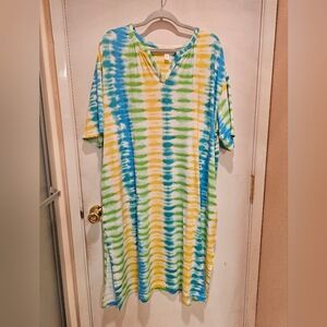 Tie-Dye Maxi Dress in Blue, Green & Yellow - Casual V-Neck